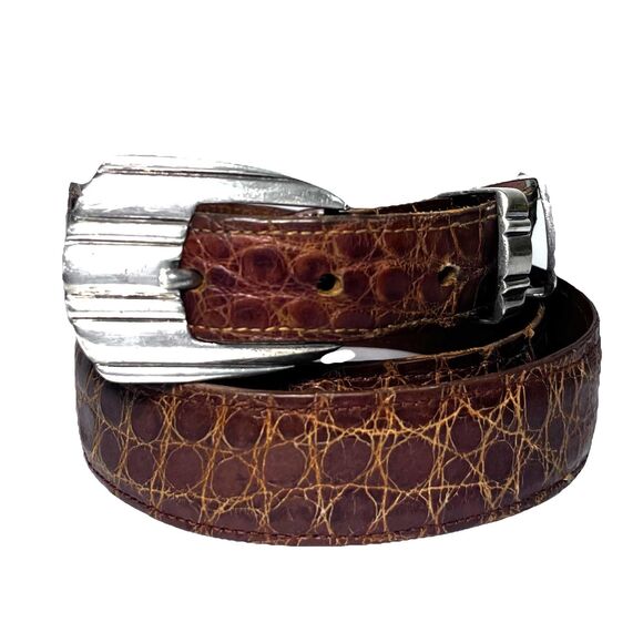 Vintage RDM Genuine Alligator Belt Sterling Silver Buckle Cognac Men's Size 40 - Picture 1 of 10